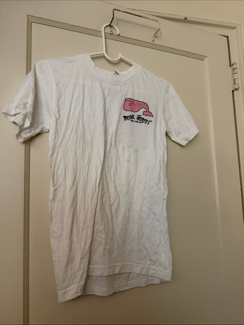 American apparel White Tee with Pink Whale Graphic and Bold Black Text size XS